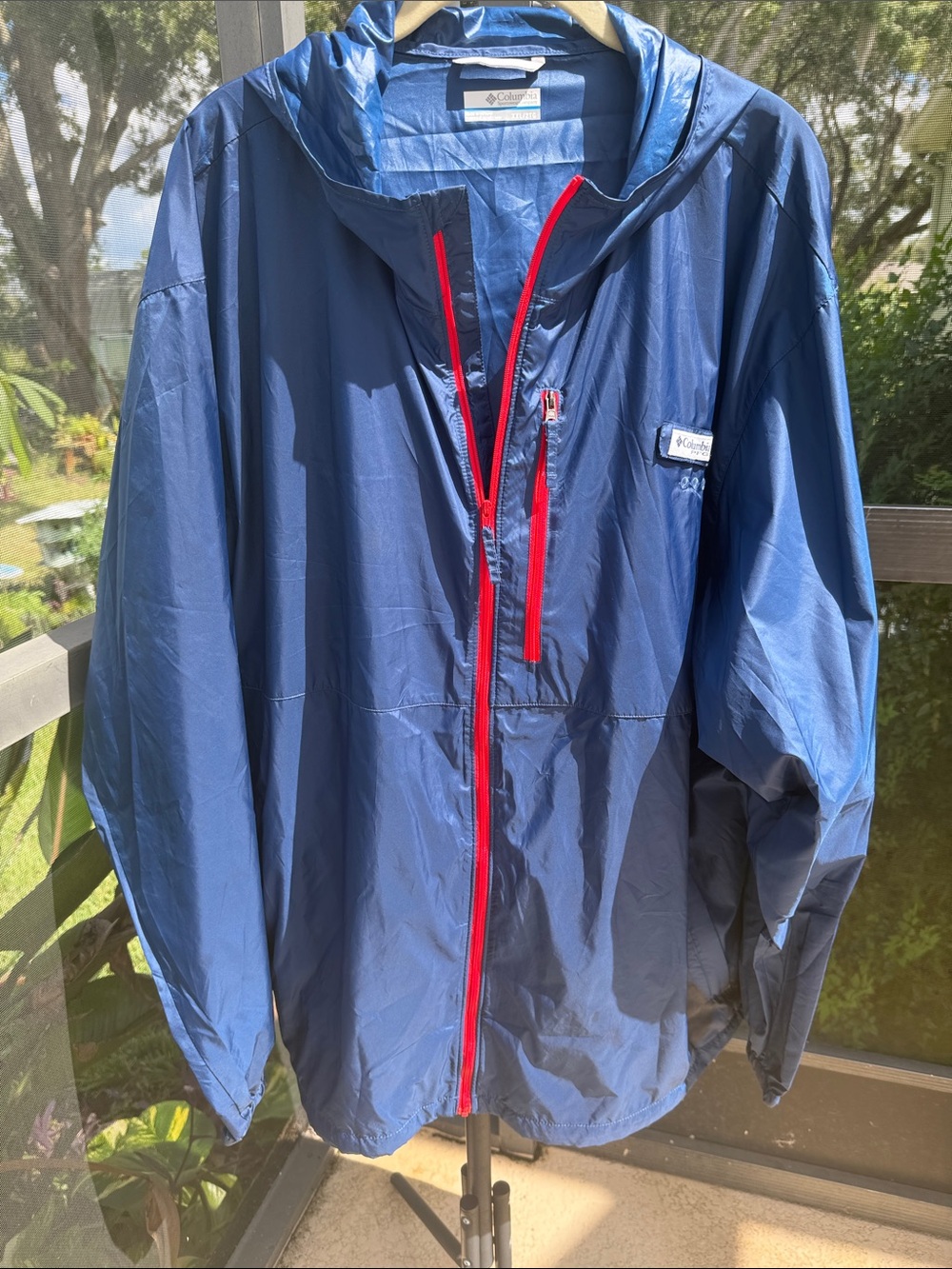 Columbia Navy Windbreaker Jacket with Red Zipper Trim